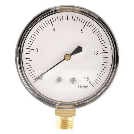 Low Pressure Gauge, 0 to 15 psi, 2 1/2 in Dial, 1/4 in NPT, Bottom Location, Steel Case Material