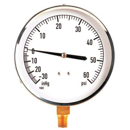 Industrial Compound Gauge, 30 to 0 to 60 psi, 4 1/2 in Dial, 1/4 in NPT, Bottom Location