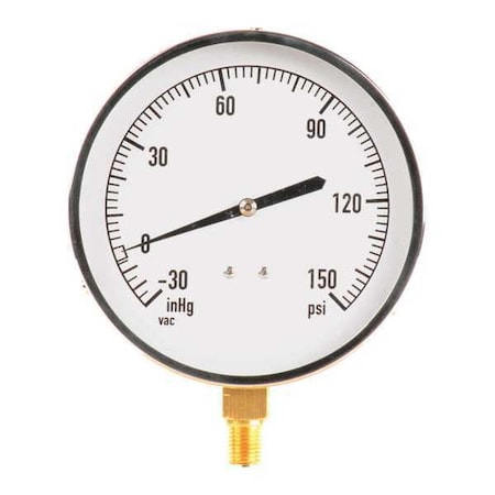 Industrial Compound Gauge, 30 to 0 to 150 psi, 4 1/2 in Dial, 1/4 in NPT, Bottom Location