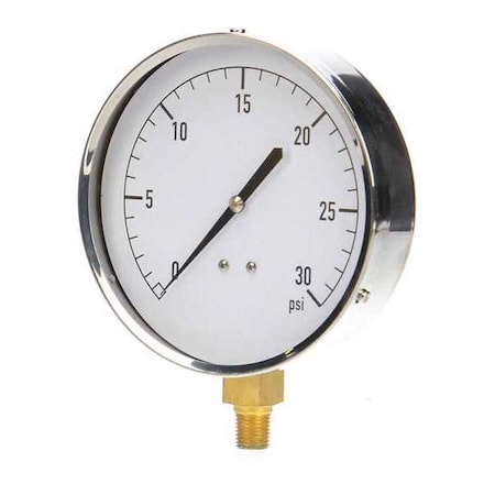 Industrial Pressure Gauge, 0 to 30 psi, 4 1/2 in Dial, 1/4 in NPT, Bottom Location