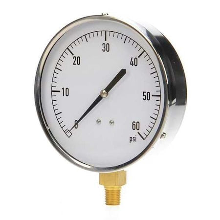 Industrial Pressure Gauge, 0 to 60 psi, 4 1/2 in Dial, 1/4 in NPT, Bottom Location