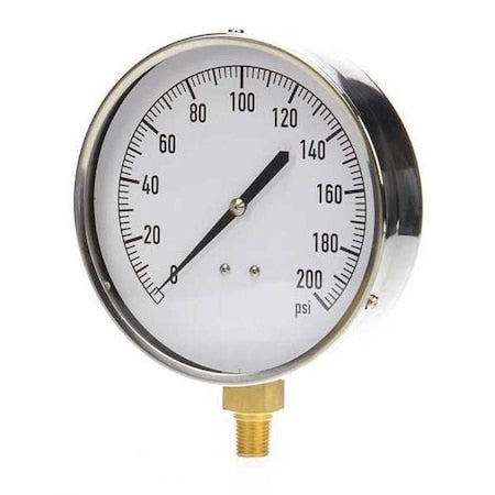 Industrial Pressure Gauge, 0 to 200 psi, 4 1/2 in Dial, 1/4 in NPT, Bottom Location