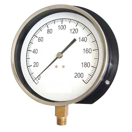 Industrial Pressure Gauge, 0 to 200 psi, 4 1/2 in Dial, 1/4 in NPT, Bottom Location