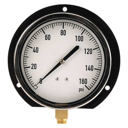 Industrial Pressure Gauge, 0 to 160 psi, 4 1/2 in Dial, 1/4 in NPT, Bottom Location