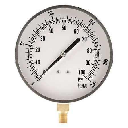 Altitude Pressure Gauge, 0 to 230 psi, 4 1/2 in Dial, 1/4 in NPT, Bottom Location