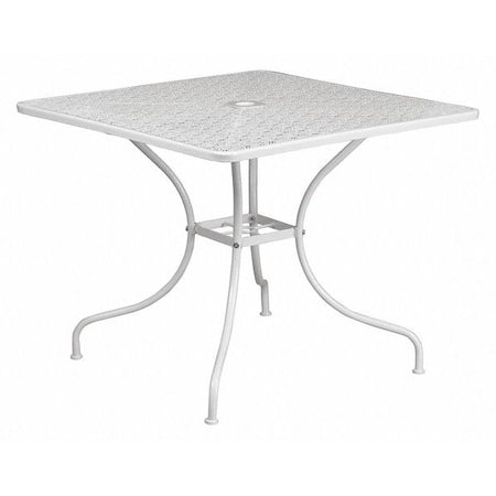 35.5" Square White Steel Patio Table-Umbrella Hole