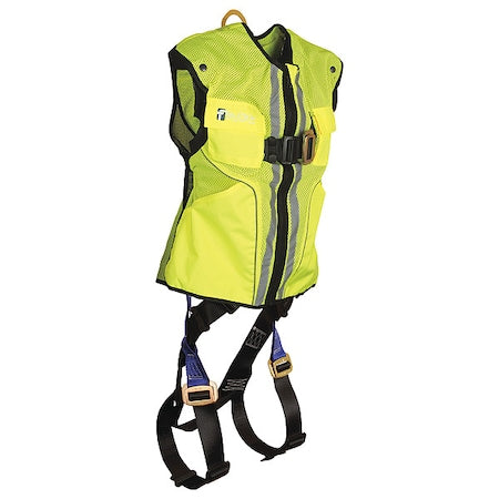 Hi-Vis Vest Full Body Harness, S/M, 425 lb., Mating Chest/ Mating Leg Straps, Back D-Ring