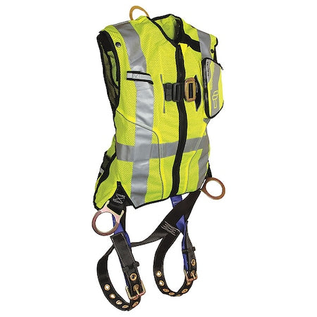 Hi-Vis Vest Full Body Harness, L/XL, 425 lb., Mating Chest/ Tongue Leg Straps, Back, Hips D-Ring