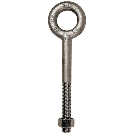 Eye Bolt Without Shoulder, 1/2"-13, 6 in Shank, 1 in ID, 316 Stainless Steel, Plain