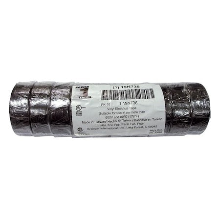 Vinyl Electrical Tape, 3/4 in W x 20 ft L, 7 mil thick, Black, PK10