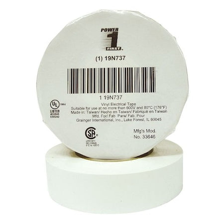 Electrical Tape, Vinyl, White, 22 yd L, 3/4 in W