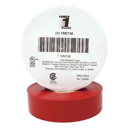 Vinyl Electrical Tape, 3/4 in W x 66 ft L, 7 mil thick, Red