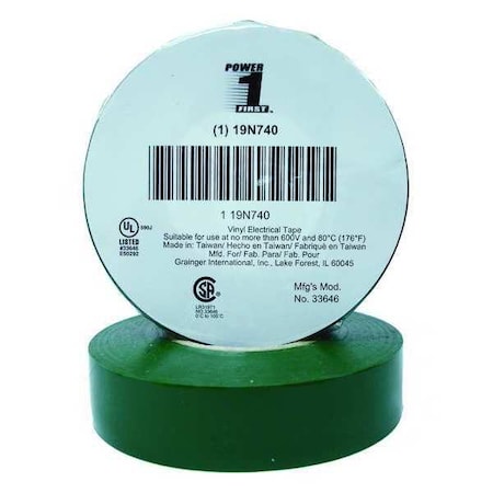 Electrical Tape, Vinyl, Green, 22 yd L, 3/4 in W