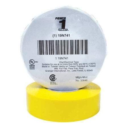 Electrical Tape, Vinyl, Yellow, 22 yd L, 3/4 in W