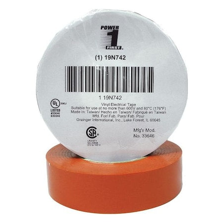 Electrical Tape, Vinyl, Orange, 22 yd L, 3/4 in W