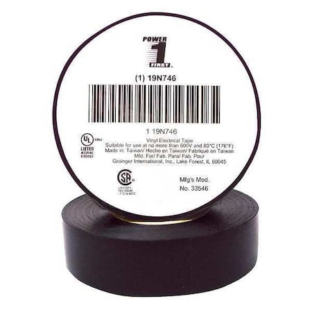 Vinyl Electrical Tape, 3/4 in W x 60 ft L, 7 mil Thick, Black