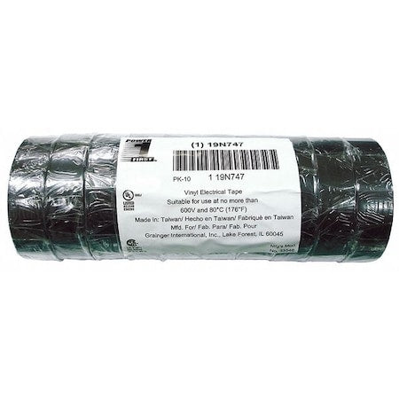 Vinyl Electrical Tape, 3/4 in W x 60 ft L, 7 mil Thick, Black, 10 Pk