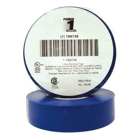 Vinyl Electrical Tape, 3/4 in W x 60 ft L, 7 mil thick, Blue