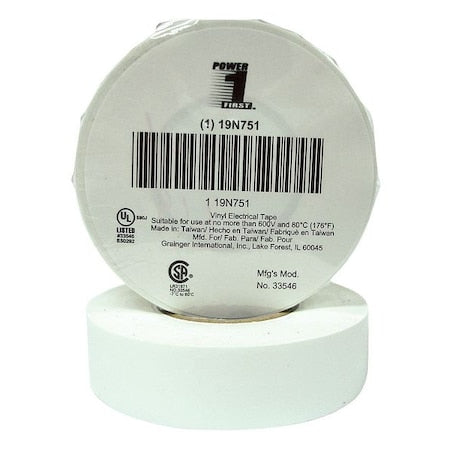 Vinyl Electrical Tape, 3/4 in W x 60 ft, 7 mil thick, White