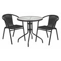 Round Glass Table w/2 Blk Rattan Chrs, Rnd, 28", Aluminum, Glass, Metal, Plastic, Rattan, Clear