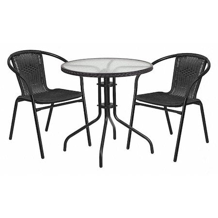 Round Glass Table w/2 Blk Rattan Chrs, Rnd, 28", Aluminum, Glass, Metal, Plastic, Rattan, Clear