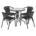 Round Glass Table w/4 Blk Rattan Chrs, Rnd, 28", Aluminum, Glass, Metal, Plastic, Rattan, Clear