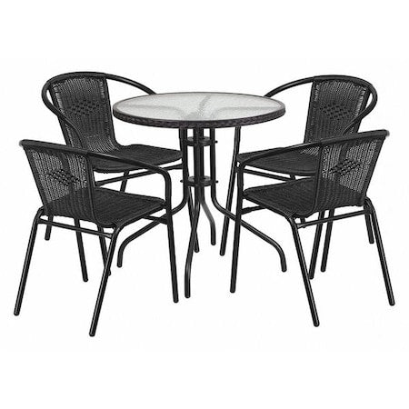 Round Glass Table w/4 Blk Rattan Chrs, Rnd, 28", Aluminum, Glass, Metal, Plastic, Rattan, Clear
