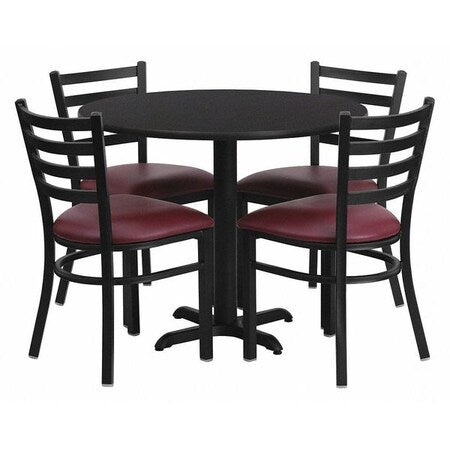 Round Blk Lam Table, Brgundy Vinyl Seat, Rnd, 36", Laminate Top, Wood Grain