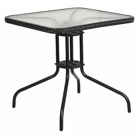 Square Glass Table, Blk Rattan Edging, Sqr, 28", Aluminum, Glass, Metal, Plastic, Rattan, Steel, Clear