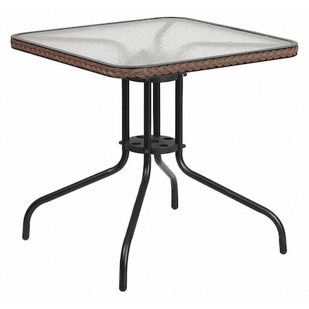Square Glass Table, Brown Rattan Edging, Sqr, 28", Aluminum, Glass, Metal, Plastic, Rattan, Steel