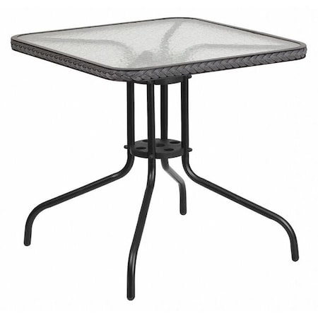 Square Glass Table, Gray Rattan Edging, Sqr, 28", Aluminum, Glass, Metal, Plastic, Rattan, Steel