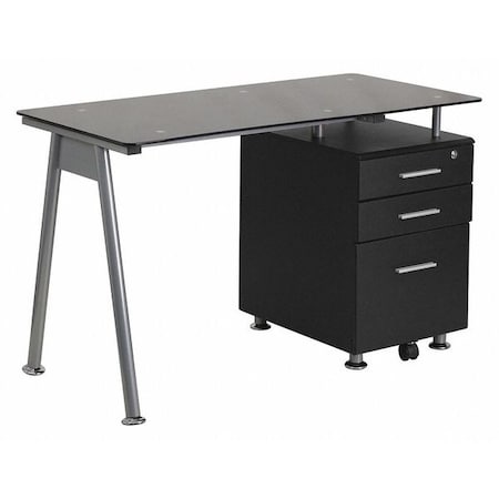 Computer Desk Glass Top Desk w/3 Drawer Pedestal, Blk, 23-1/2" D X 29-1/2" H, 47-1/4" W X Black