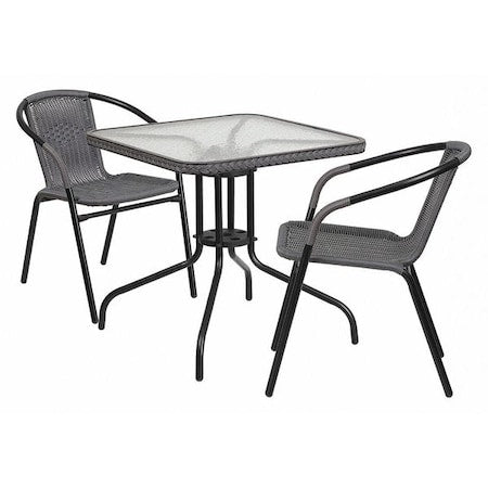 Square Metal Table, Sqr w/Rattan Chairs, Gray, 28", Aluminum, Glass, Metal, Plastic, Rattan, Clear