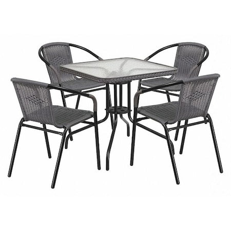 Square Metal Table, Sqr w/Rattan Chairs, Gray, 28", Aluminum, Glass, Metal, Plastic, Rattan, Clear