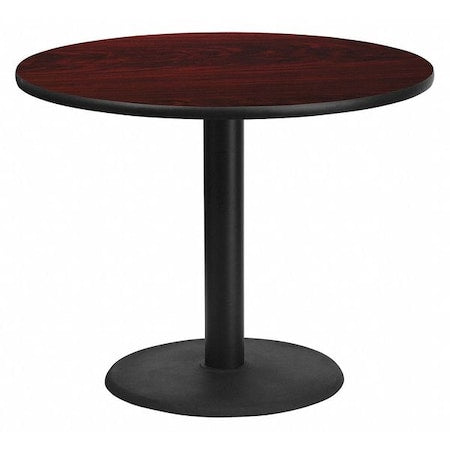 Round Mahogany Laminate Table w/Rnd Base, 36", Laminate Top, Wood Grain