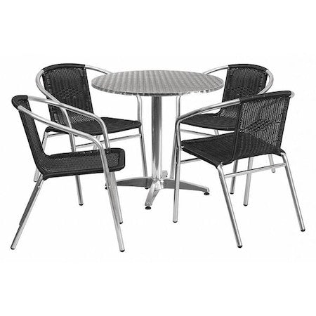 Round Table Set, 31.5 W, 31.5 L, 27.5 H, Aluminum, Plastic, Rattan, Stainless Steel, Grey