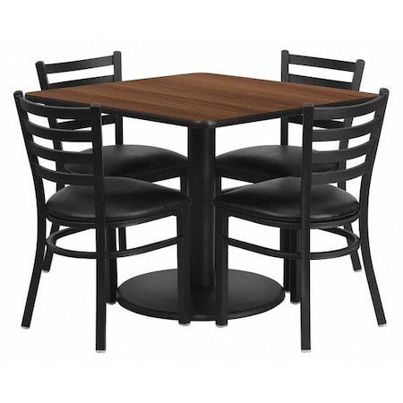 Square Walnut Table, Blk Seat, Sqr, Rnd Base, 36", Laminate Top, Wood Grain