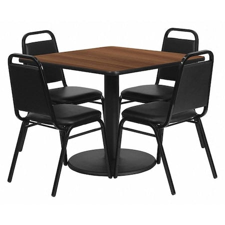 Square Wlnut Table, Bnqut Chair, Sqr, Rnd Base, 36", Laminate Top, Wood Grain
