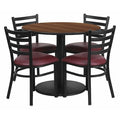 Round Walnut Tble Set, Brgndy Seat, Rnd Base, 36", 36" W, 36" L, 30" H, Laminate Top, Wood Grain