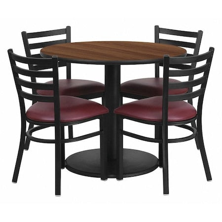 Round Walnut Tble Set, Brgndy Seat, Rnd Base, 36", 36" W, 36" L, 30" H, Laminate Top, Wood Grain