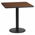 Square Walnut Table Top, Square w/Round Base, 24", Laminate Top, Wood Grain