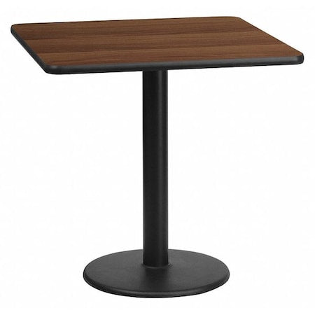 Square Walnut Table Top, Square w/Round Base, 24", Laminate Top, Wood Grain