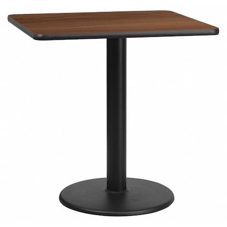 Square Walnut Table Top, Square w/Round Base, 30", Laminate Top, Wood Grain