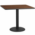 Square Walnut Table Top, Square w/Round Base, 42", Laminate Top, Wood Grain