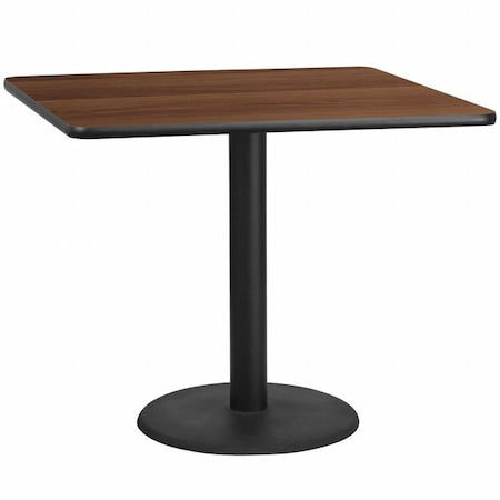 Square Walnut Table Top, Square w/Round Base, 42", Laminate Top, Wood Grain
