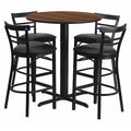 Round Walnut Bar Table, X-Base w/Blk Seats, 24", 24" L, 24" W, 42" H, Laminate Top, Wood Grain