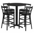 Round Blk Bar Table, X-Base, Blk Vinyl Seats, 24", Laminate Top, Wood Grain