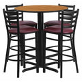 Round Natural Bar Table, X-Base w/Burgndy Seats, Laminate Top, Wood Grain