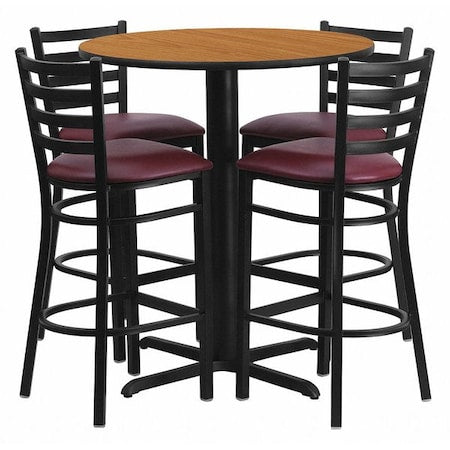Round Natural Bar Table, X-Base w/Burgndy Seats, Laminate Top, Wood Grain