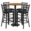 Round Natural Bar Table, X-Base w/Black Seats, Laminate Top, Wood Grain